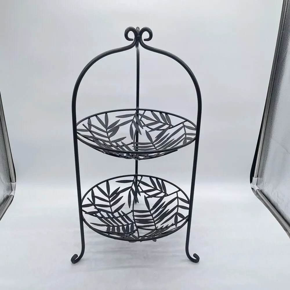 Black Metal 2-Tier Fruit Basket Stand Leaf Design Kitchen Counter 21”